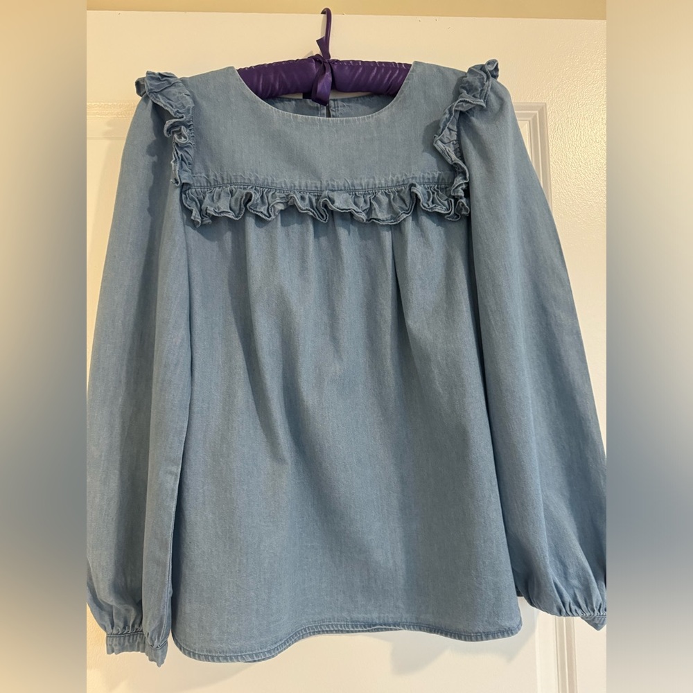 Sail To Sable Blue Chambray Ruffle Long Sleeves Pullover Blouse Women’s Size XS